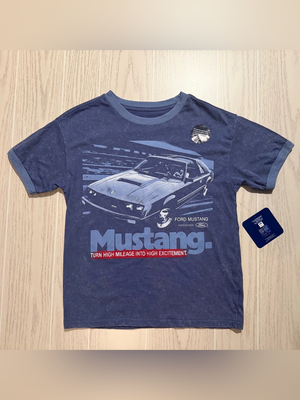 Ford Mustang Boys Size Large 10/12 Blue Mineral Wash Graphic Ringer T-Shirt NWT